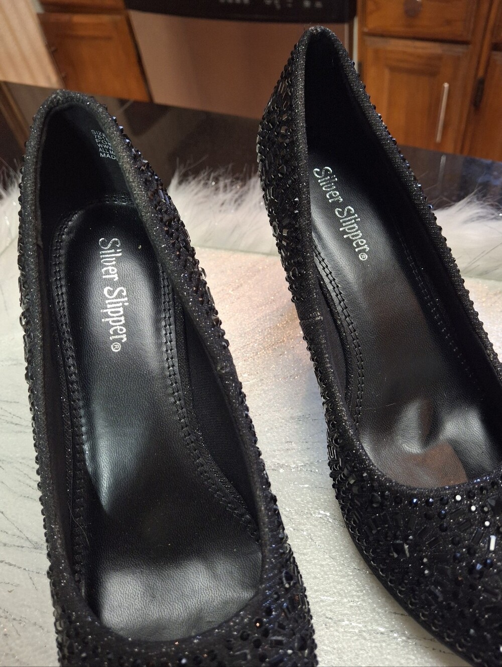 Silver Slipper Black Embellished Rhinestone Pumps Dress Heels Women Size 6 - Picture 10 of 16